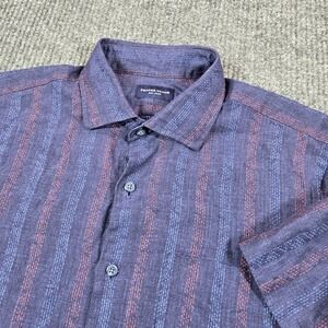 Proper‎ Cloth Shirt Mens Large Blue Stripe Short Sleeve Button Front Linen Blend